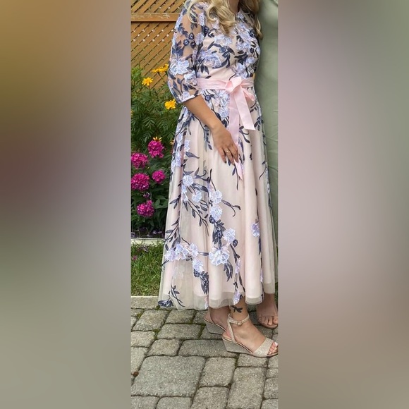 Embroidered Garden Party Outdoor Wedding Bridesmaid Floral Midi Tea Length Dress - Picture 3 of 16